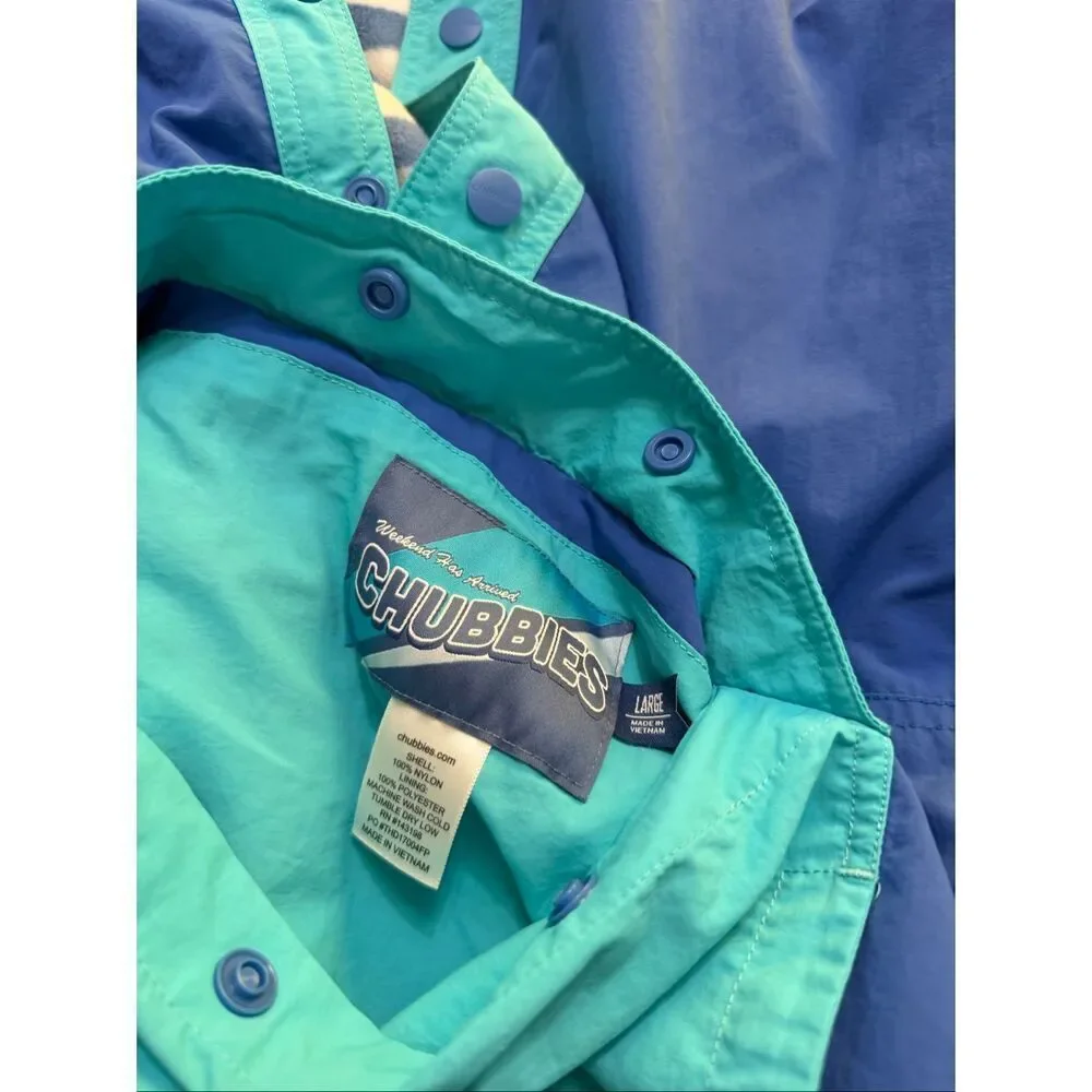 Chubbies Reversible Pullover Jacket Blue Teal Wave Fleece Men's Large Preppy Y2K